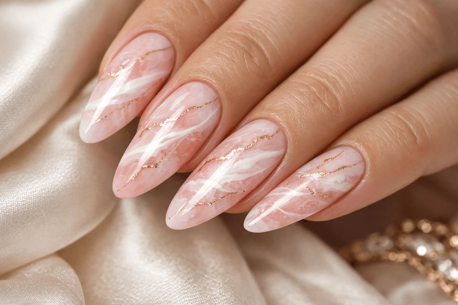 21 Libra Nails Designs for Soft, Chic Manicures 5 Blush pink marble libra nails with gold vein manicure design