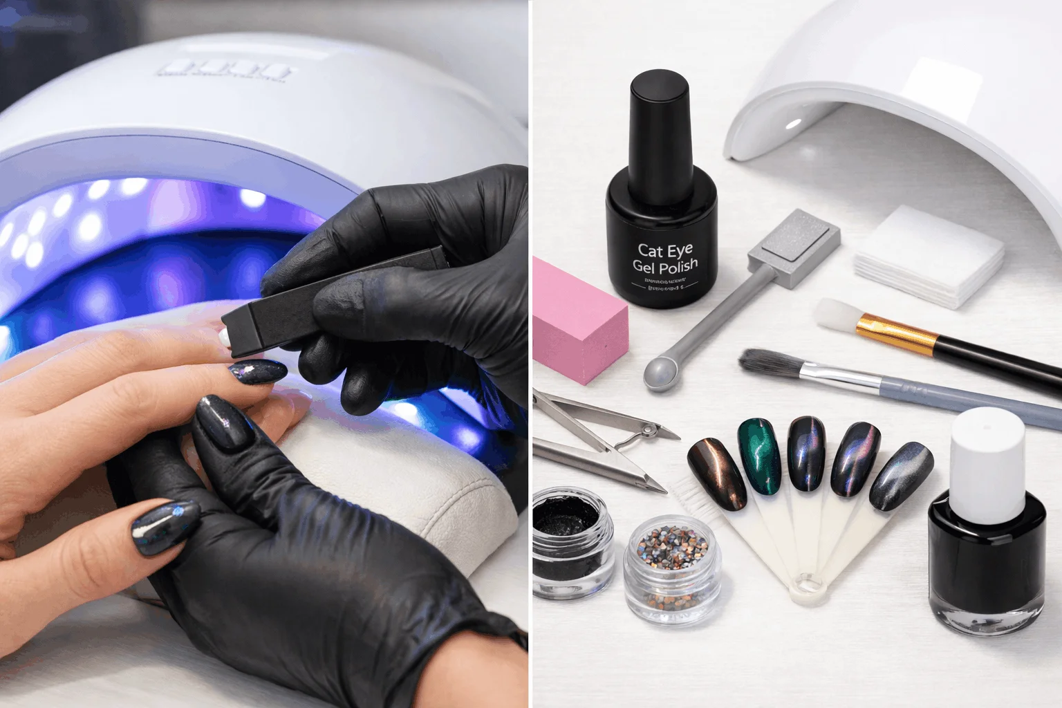 22 Cat Eye Nails That Instantly Elevate Your Manicure 6 Cat eye nails salon application and at-home manicure setup