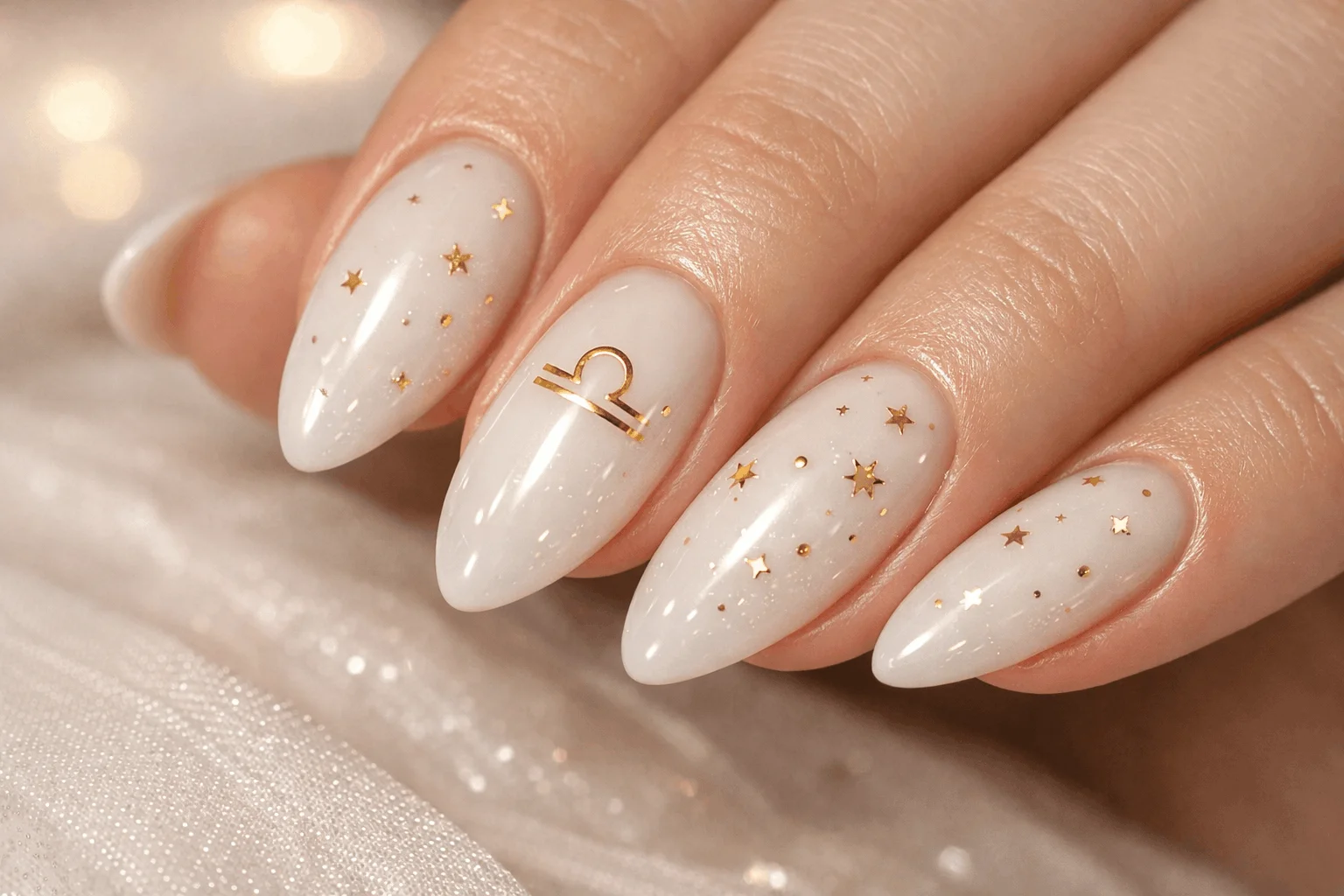 21 Libra Nails Designs for Soft, Chic Manicures 8 Celestial libra nails with gold star manicure design