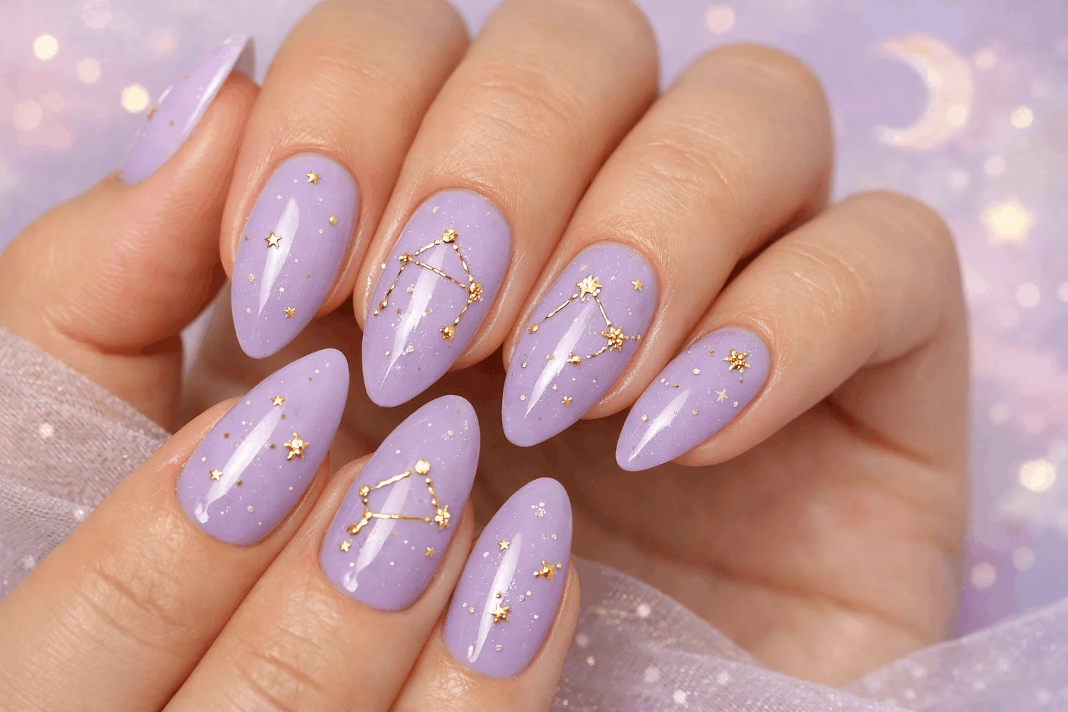 21 Libra Nails Designs for Soft, Chic Manicures 6 Lavender libra season nails with celestial star accents