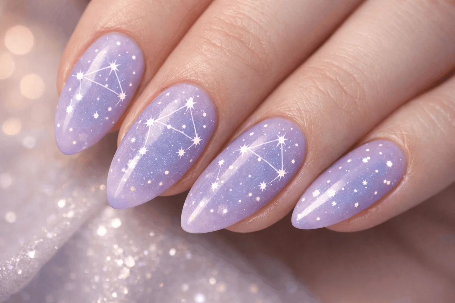 21 Libra Nails Designs for Soft, Chic Manicures 3 Libra constellation nail art with lavender celestial manicure