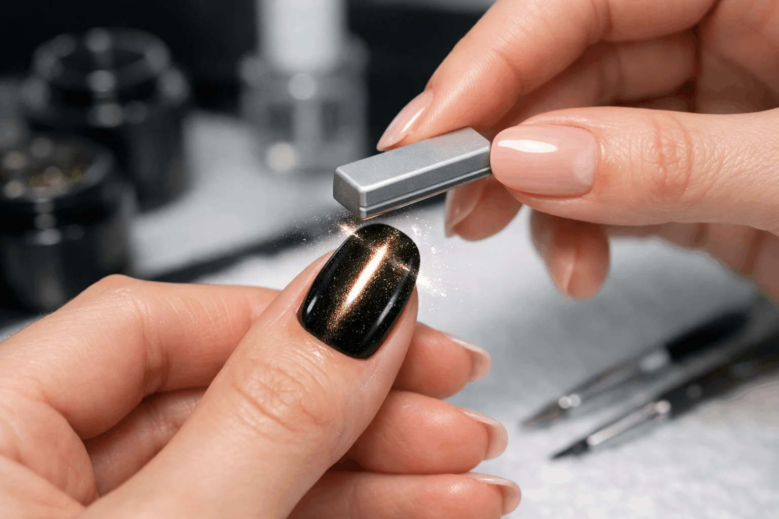 22 Cat Eye Nails That Instantly Elevate Your Manicure 3 Magnet creating cat eye nails magnetic shimmer effect