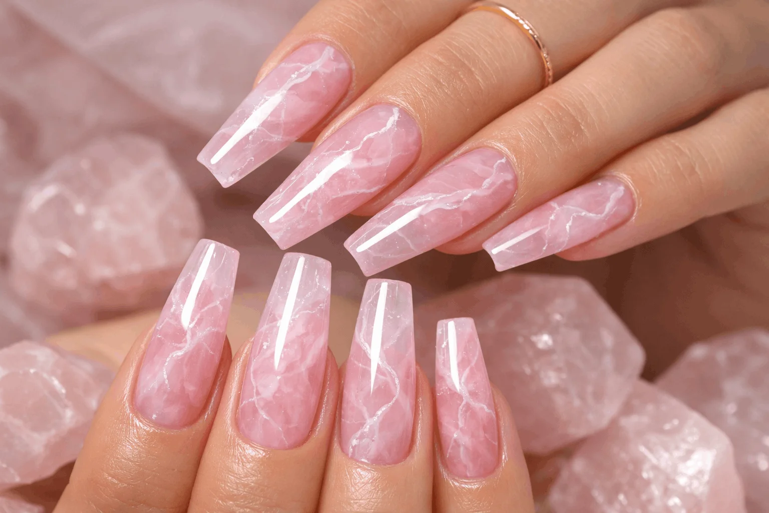 21 Libra Nails Designs for Soft, Chic Manicures 7 Rose quartz crystal inspired libra aesthetic nails manicure