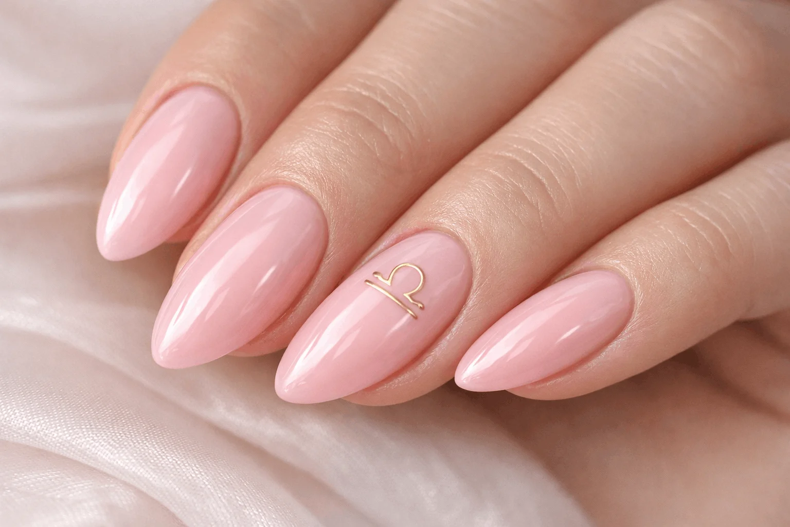 21 Libra Nails Designs for Soft, Chic Manicures 2 Soft pink libra nails with minimalist gold zodiac symbol design