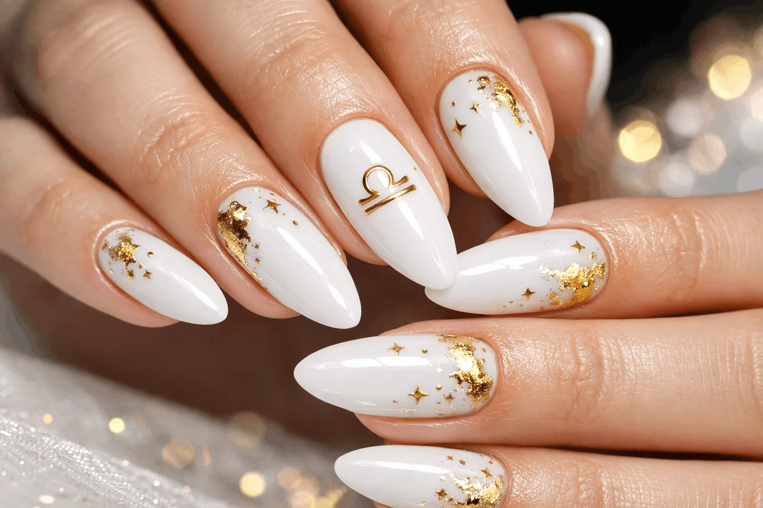21 Libra Nails Designs for Soft, Chic Manicures 9 White and gold libra nails with zodiac symbol nail art
