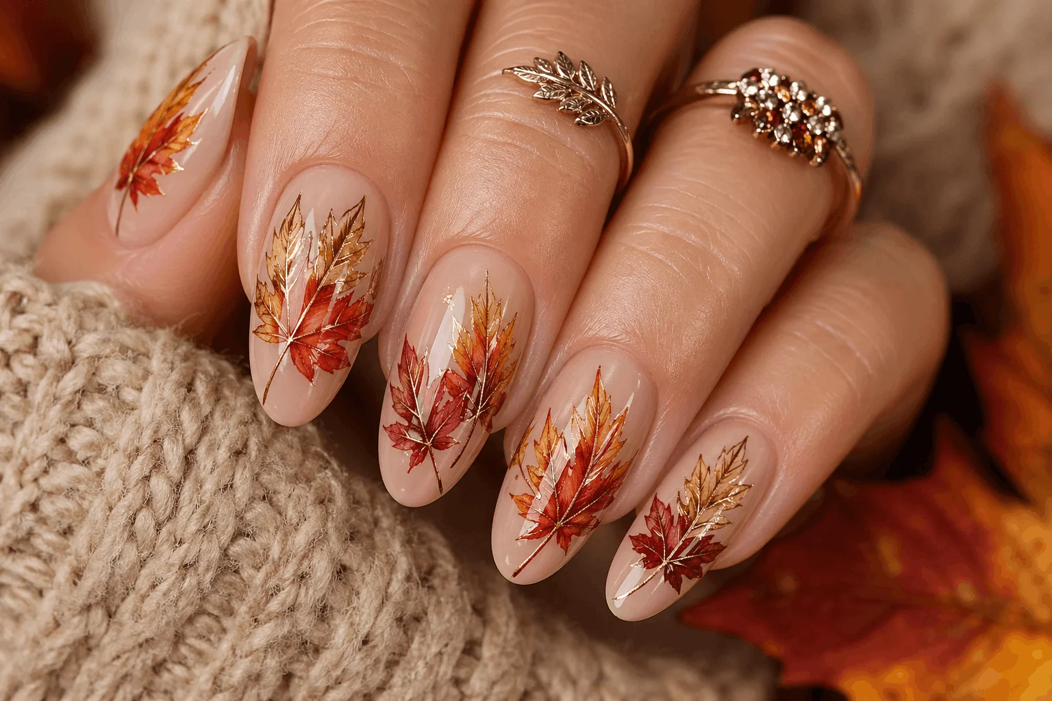 11 Autumn Nails Aesthetic Styles You’ll Copy 4 Autumn acrylic nails with leaf nail art design