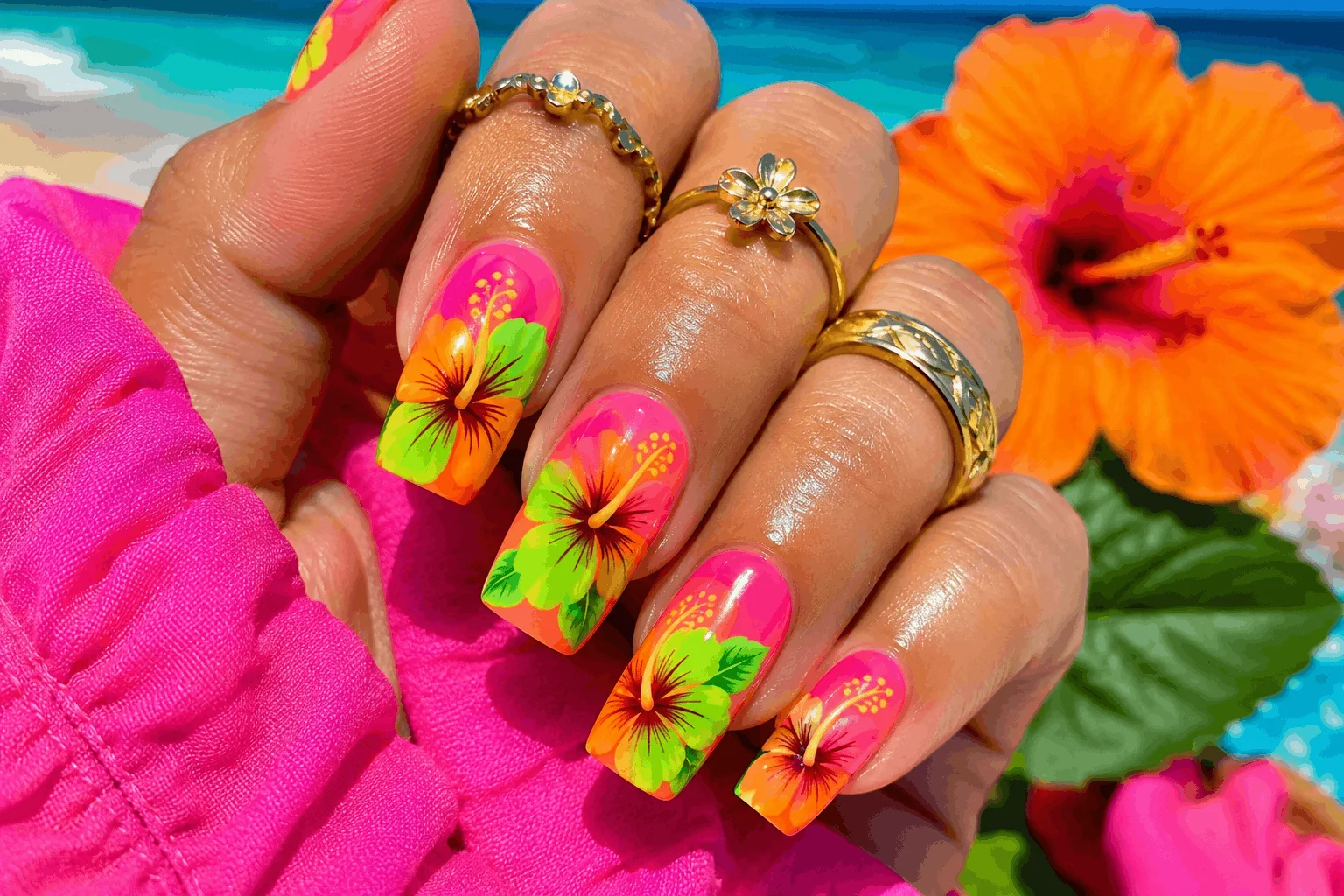 10 Hibiscus Flower on Nails Designs You’ll Love 7 Bright neon tropical hibiscus nail art design