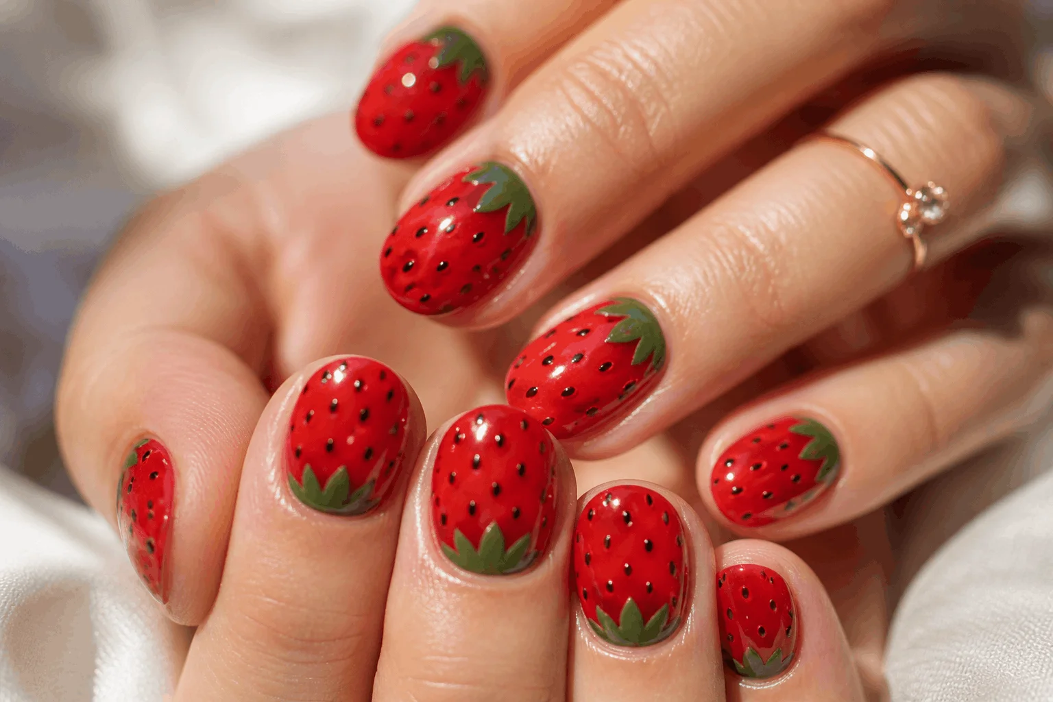 10 Strawberry Nails Designs You’ll Want Now 2 Classic red strawberry nails with glossy finish