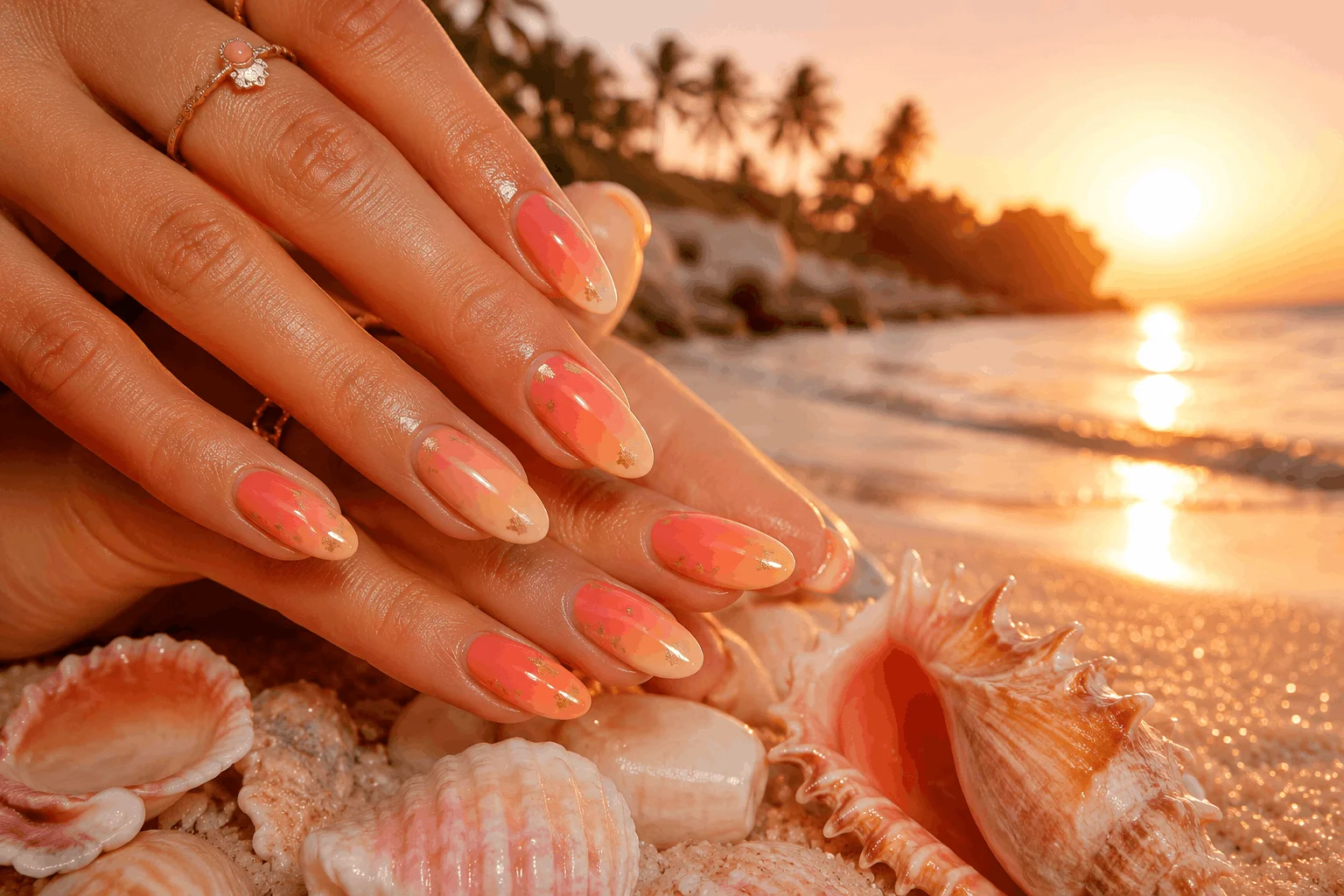 10 Summer Ombre Nails That Look Stunning in Photos 8 Coral and peach beach ombre nails at sunset