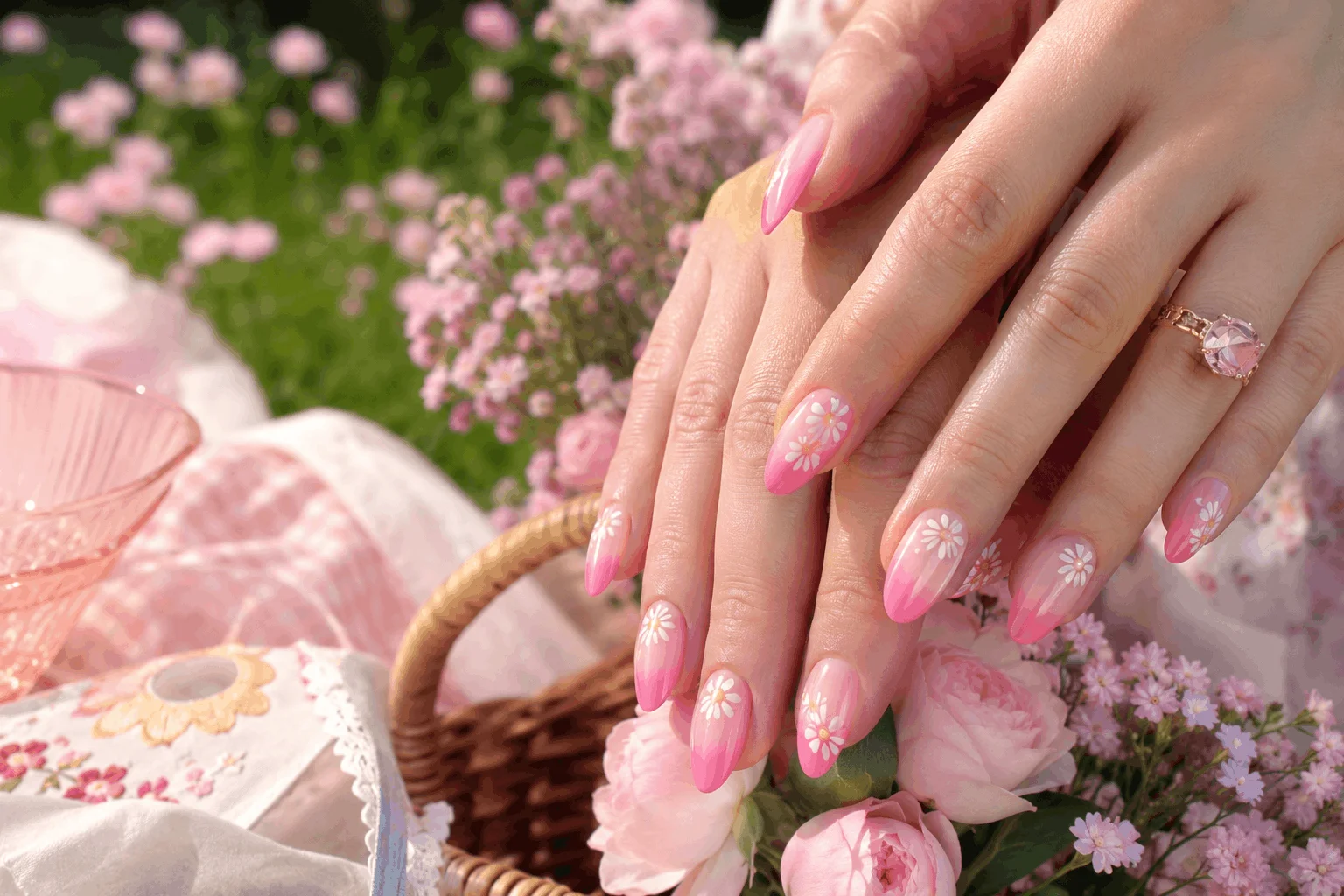 10 Summer Ombre Nails That Look Stunning in Photos 10 Floral pink ombre summer nails with daisy art