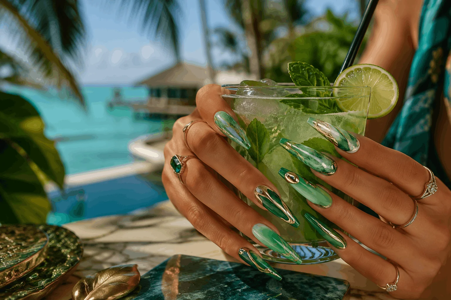 12 Green Summer Nails That Scream Vacation Vibes 7 Long green acrylic summer nails with luxury nail art