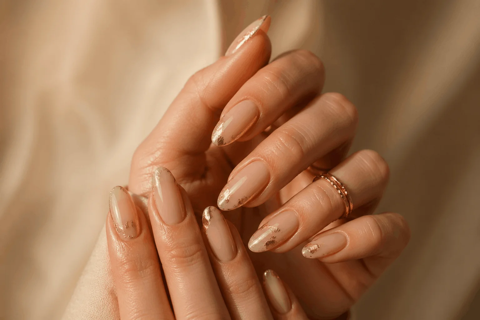 10 End of Summer Nails for a Perfect Seasonal Shift 9 Neutral nails with gold foil luxury accents