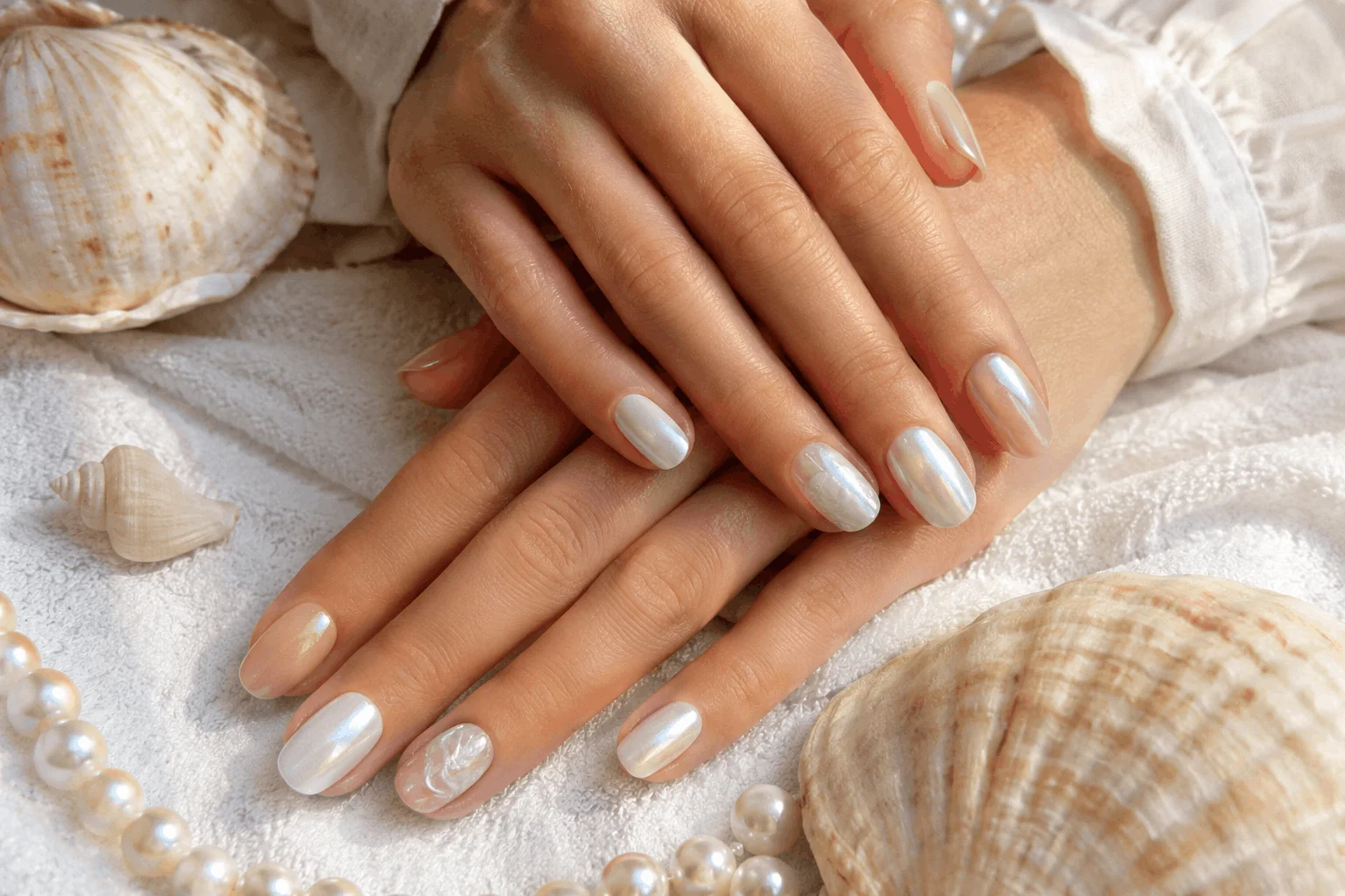 10 Vacation Nails Summer Lovers Are Obsessed With 7 Pearl glazed beach nails with elegant summer manicure
