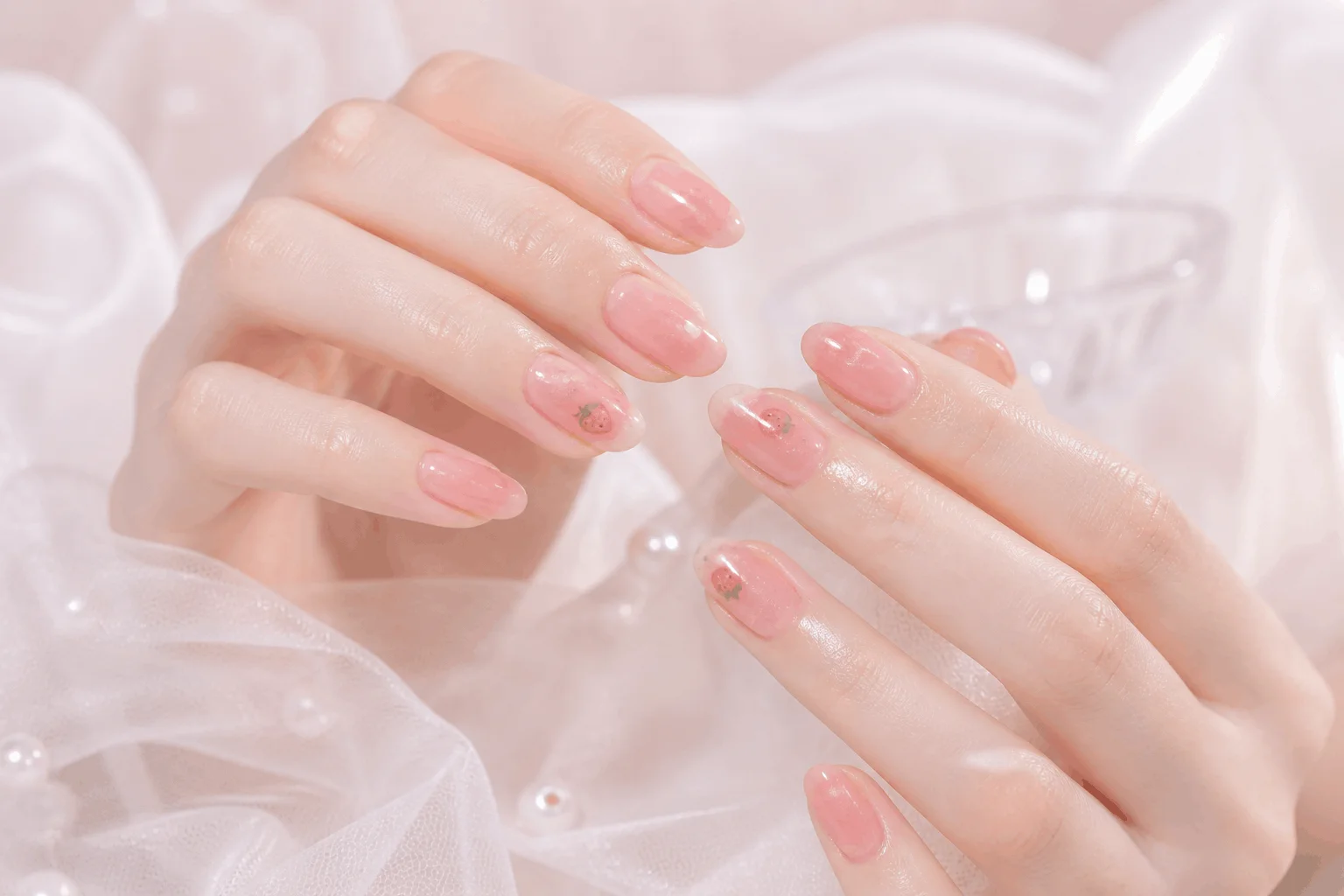 10 Strawberry Nails Designs You’ll Want Now 7 Strawberry milk nails glossy soft pink manicure
