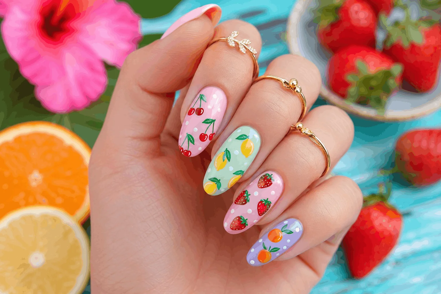 11 August Nails Everyone Will Be Wearing This Summer 5 Tropical fruit nail art for cute August nails