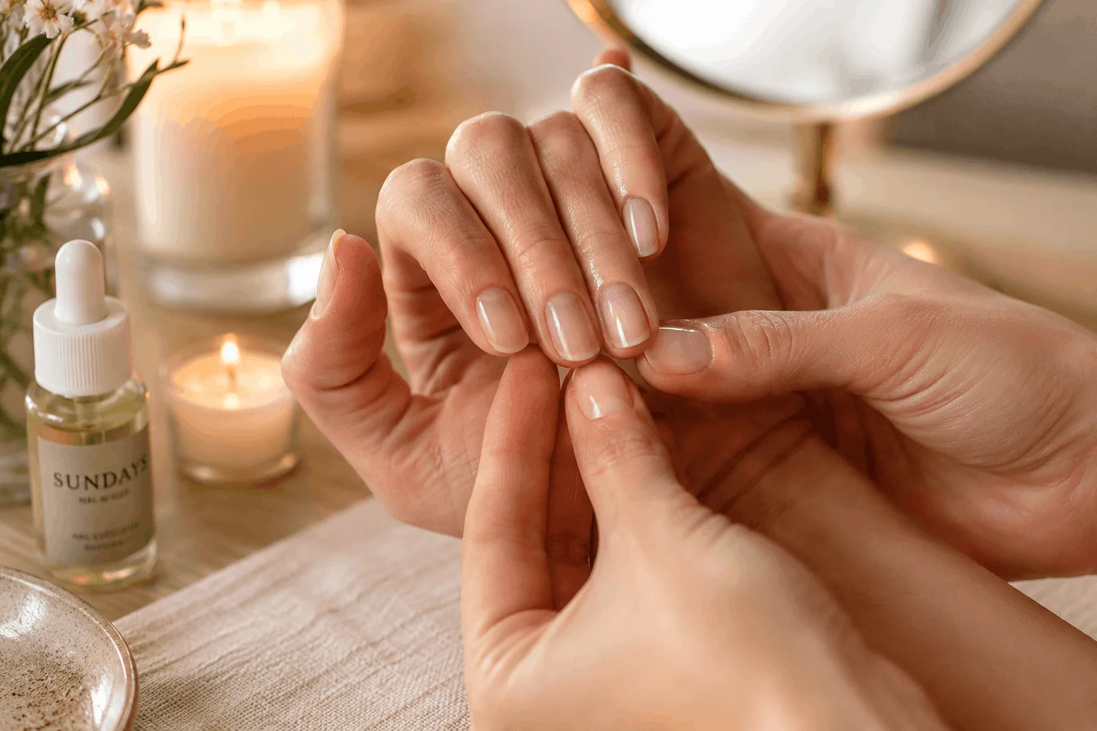 10 Healthy Nail Growth Secrets That Really Work 7 Woman massaging cuticles with nourishing nail oil