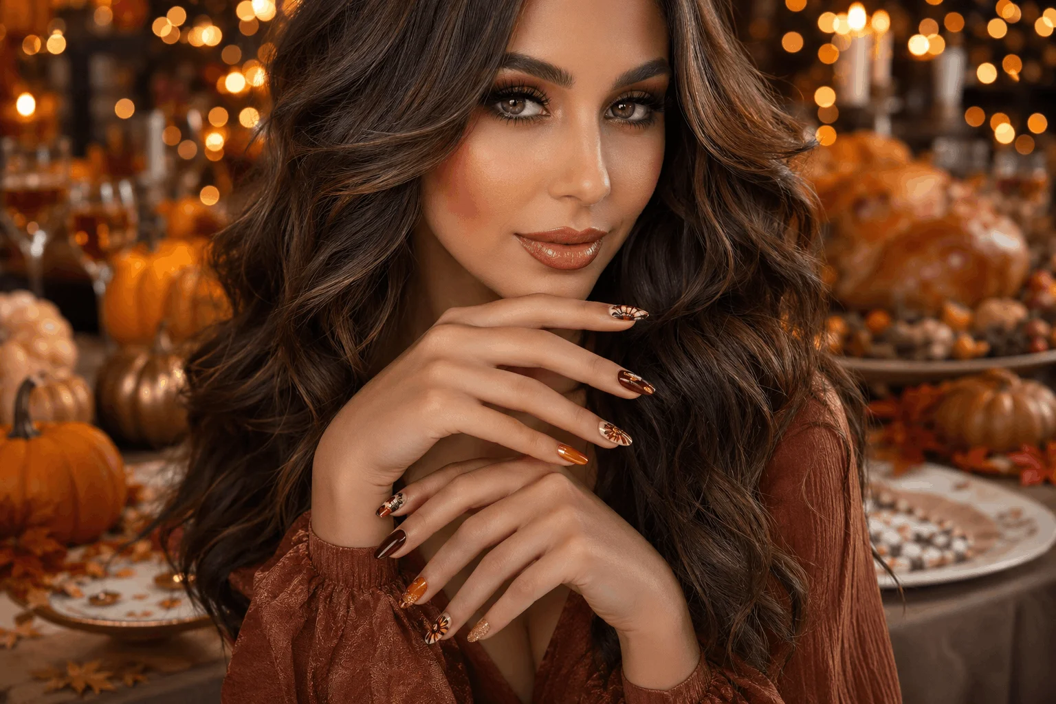 12 Turkey Nails That Will Steal Thanksgiving Attention 1 Glamorous woman showing elegant turkey nails for Thanksgiving