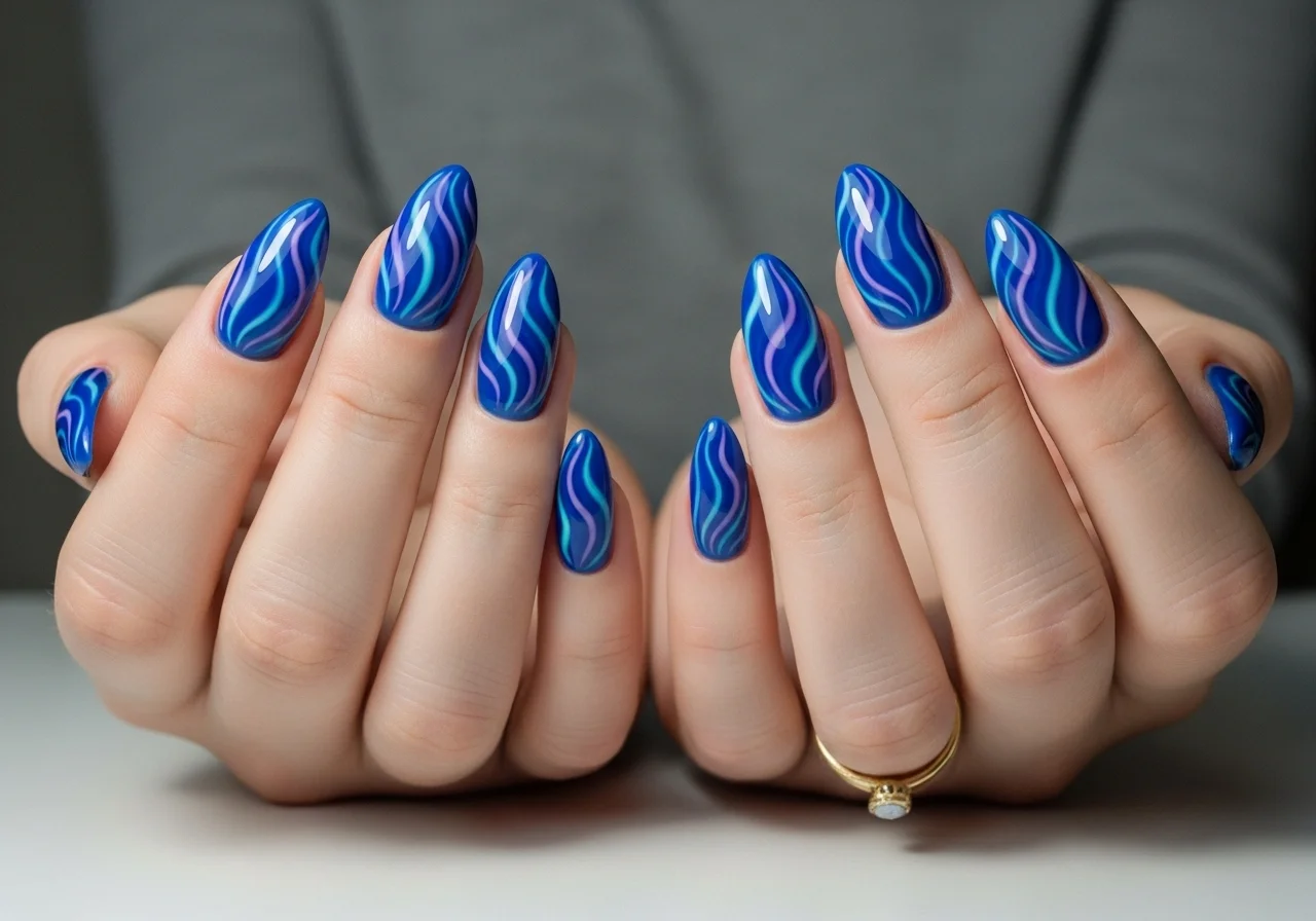 25 Blue Cat Eye Nails That Hit Different This Year 9 Almond and oval blue cat eye nails enhancing the shimmer effect