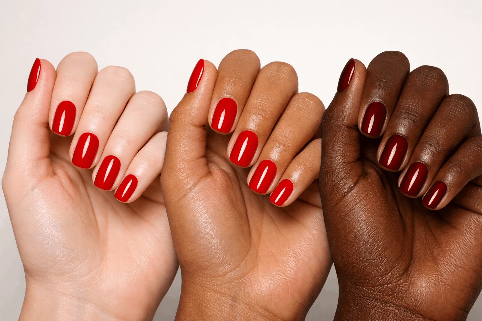 24 Best OPI Red Colors That Look Amazing Year-Round 4 Best OPI red colors shown on fair, medium, and dark skin tones