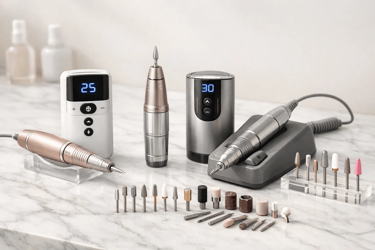 22 Best Nail Drills for Fast, Flawless Manicures 1 Best nail drills for home and salon use displayed with drill bits