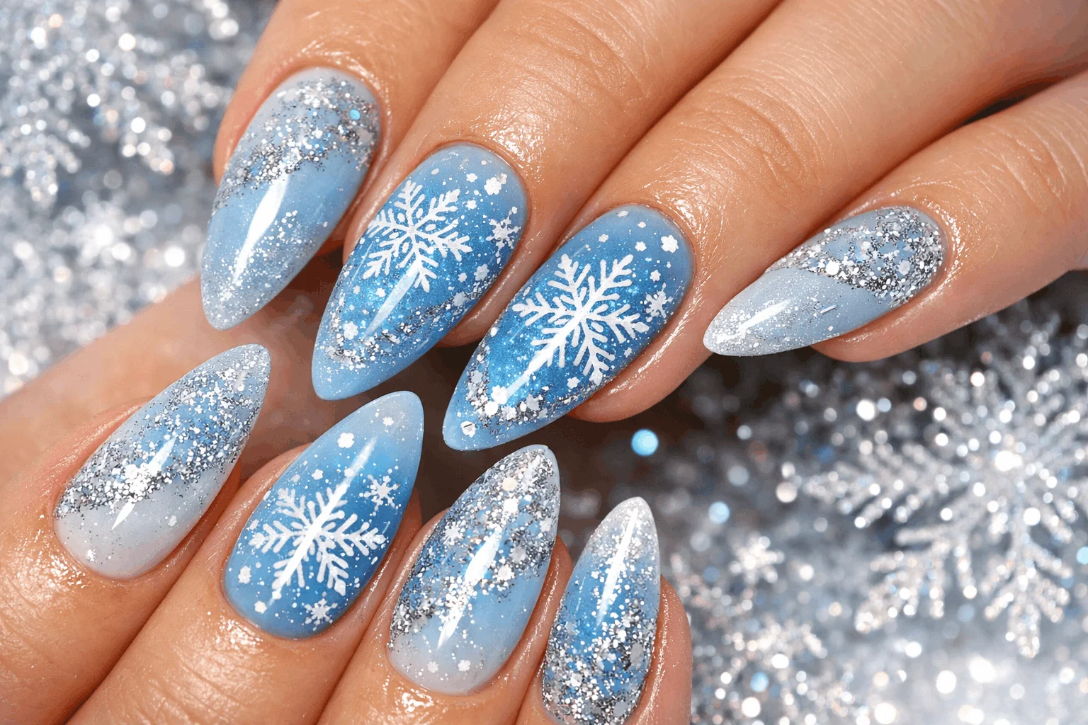 22 Stunning Snowflake Nails Ideas to Try This Winter 3 Blue and silver glitter snowflake nails perfect for winter parties