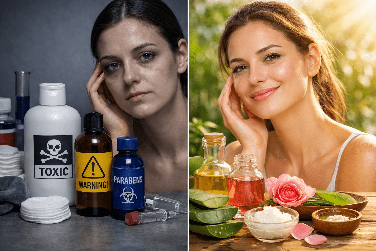 Natural Face Care: The Complete Guide to Healthy, Glowing Skin Naturally 2 Comparison between chemical skincare products and natural face care ingredients-min