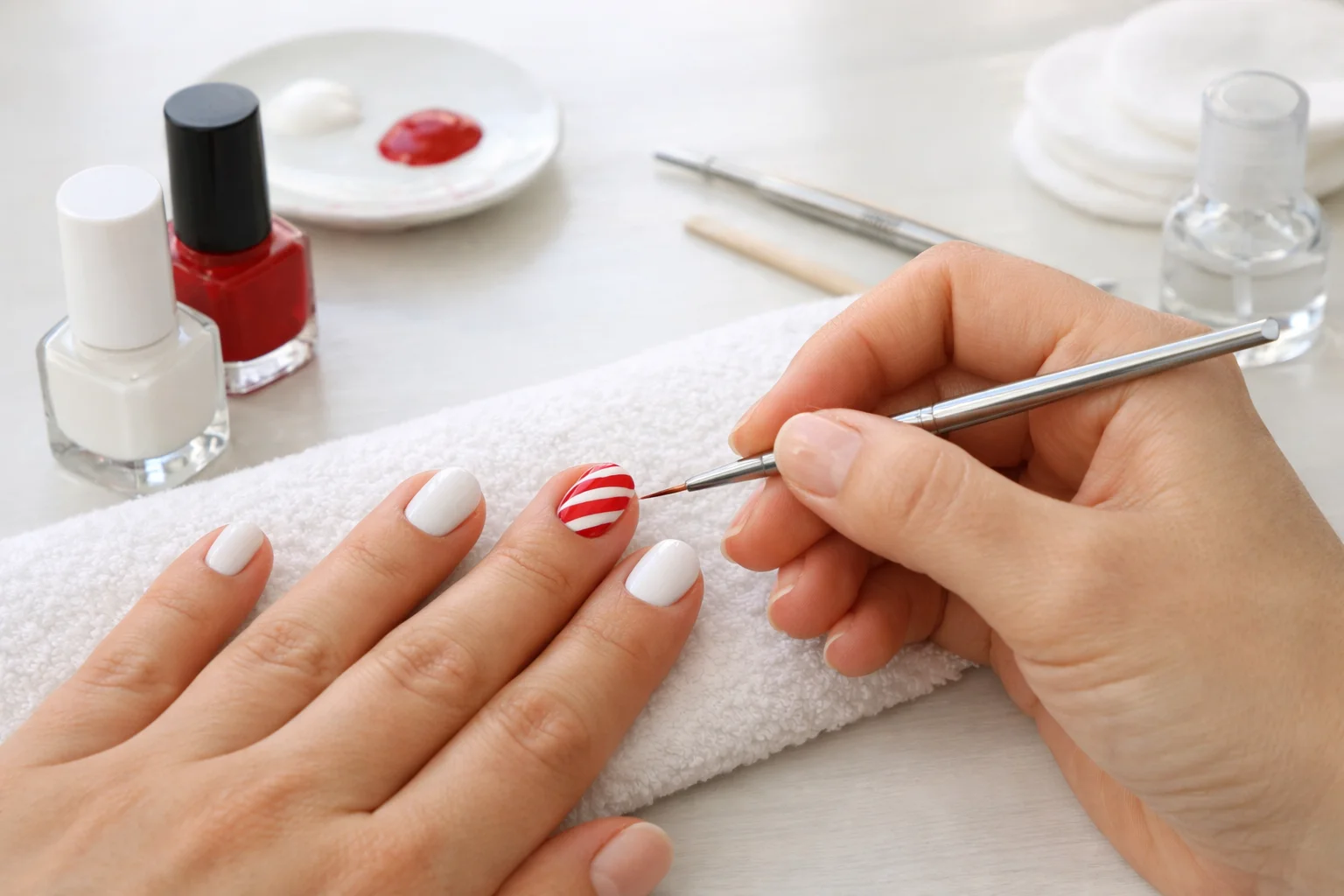 22 Candy Cane Nails That Scream Holiday Perfection 5 DIY candy cane nails being painted at home step by step