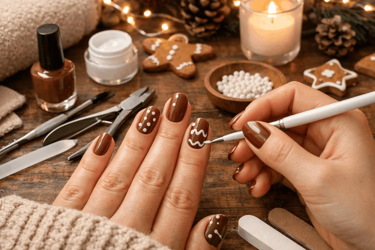 22 Cozy Gingerbread Nails Designs You’ll Love This Winter 6 DIY gingerbread nails tutorial with brown polish and icing details