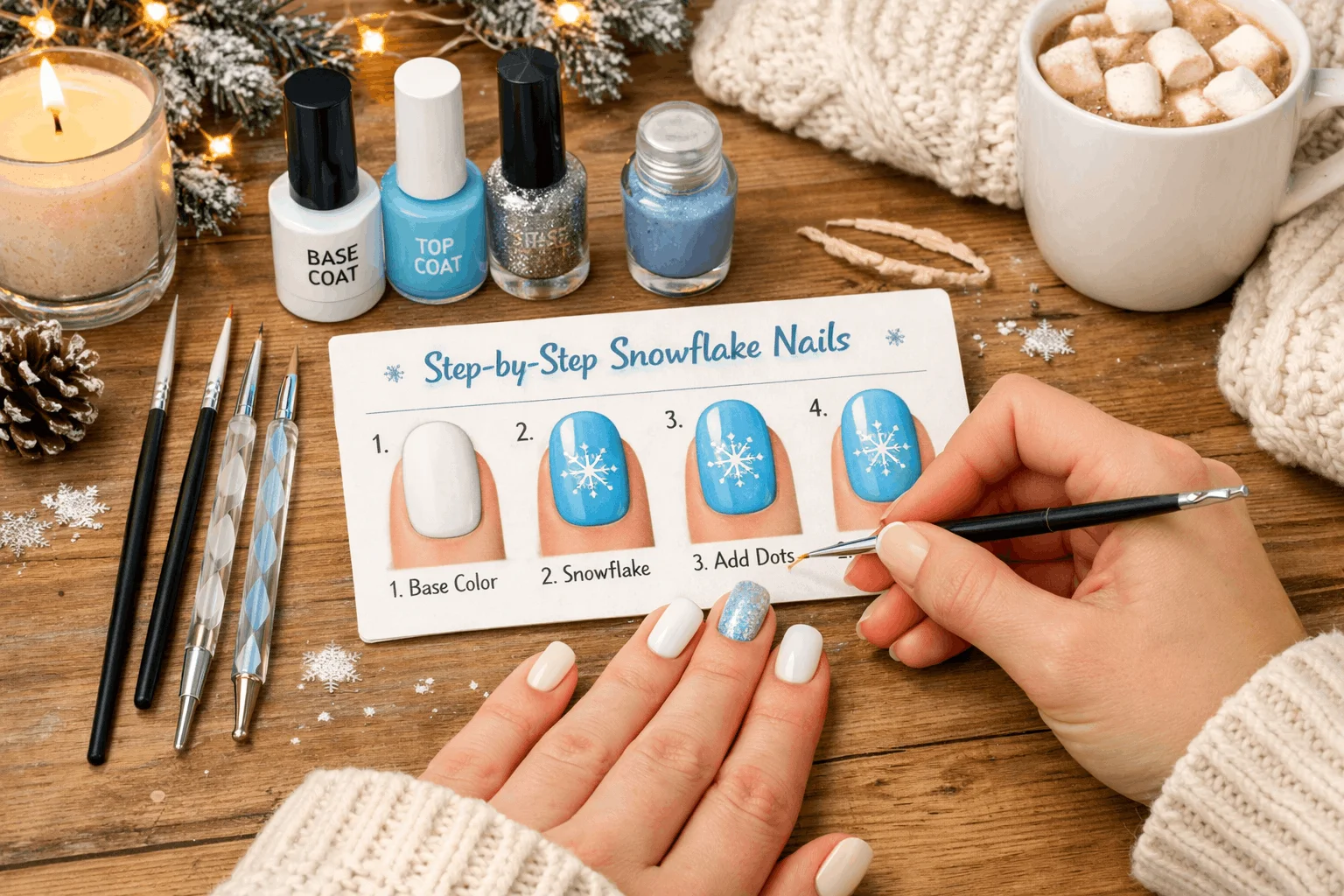 22 Stunning Snowflake Nails Ideas to Try This Winter 6 DIY snowflake nails tutorial with nail polish and tools at home
