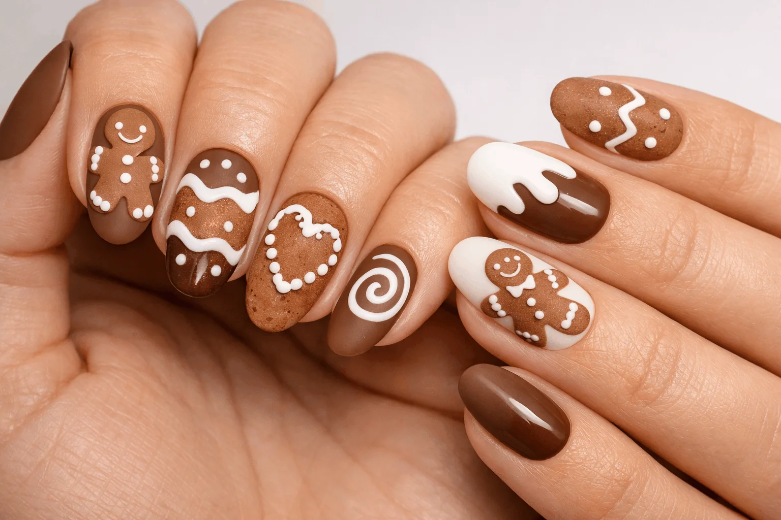 22 Cozy Gingerbread Nails Designs You’ll Love This Winter 2 Different gingerbread nails designs with icing details and cookie patterns
