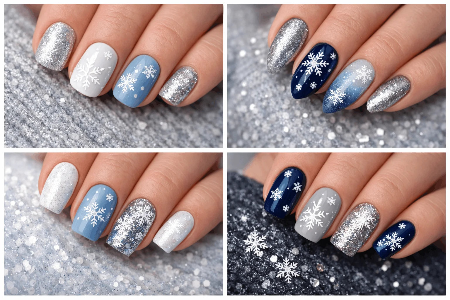 22 Stunning Snowflake Nails Ideas to Try This Winter 5 Different nail shapes with snowflake nail art designs for winter