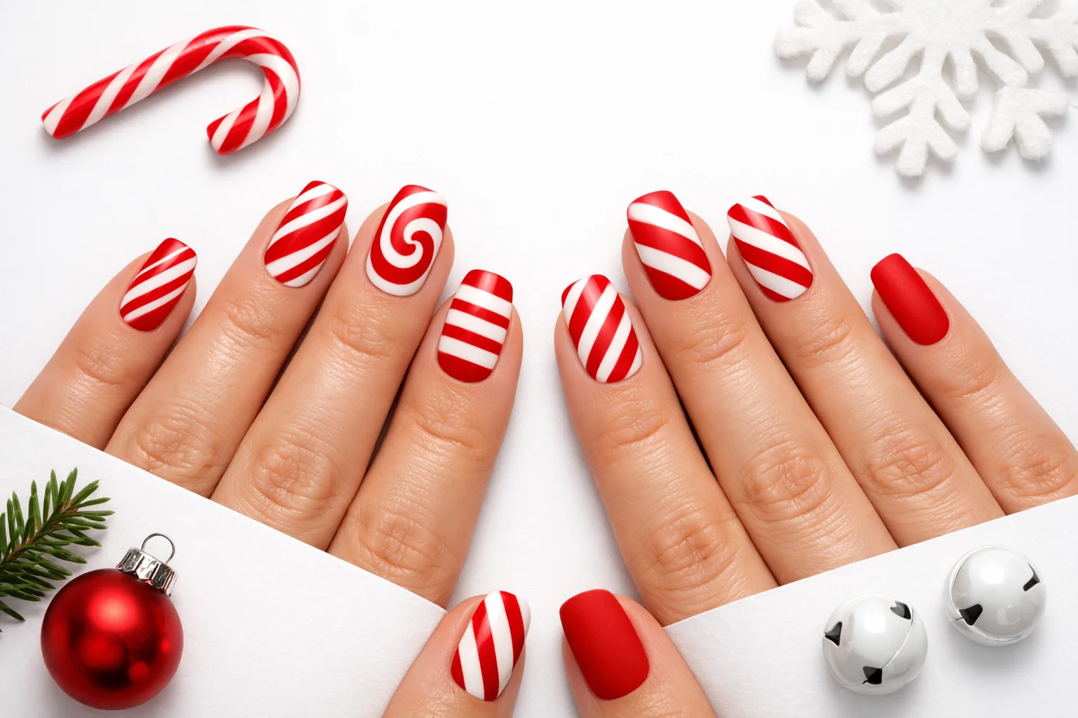 22 Candy Cane Nails That Scream Holiday Perfection 2 Different styles of candy cane nails with red and white designs