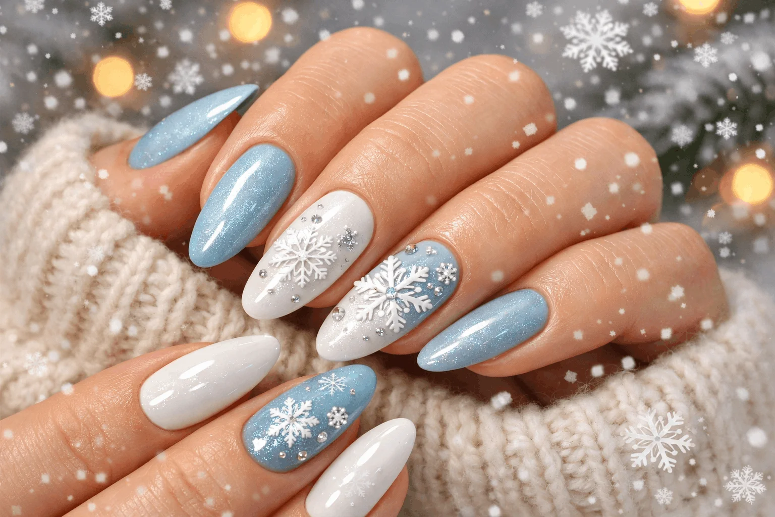 22 Stunning Snowflake Nails Ideas to Try This Winter 1 Elegant snowflake nails on hands with winter-themed background