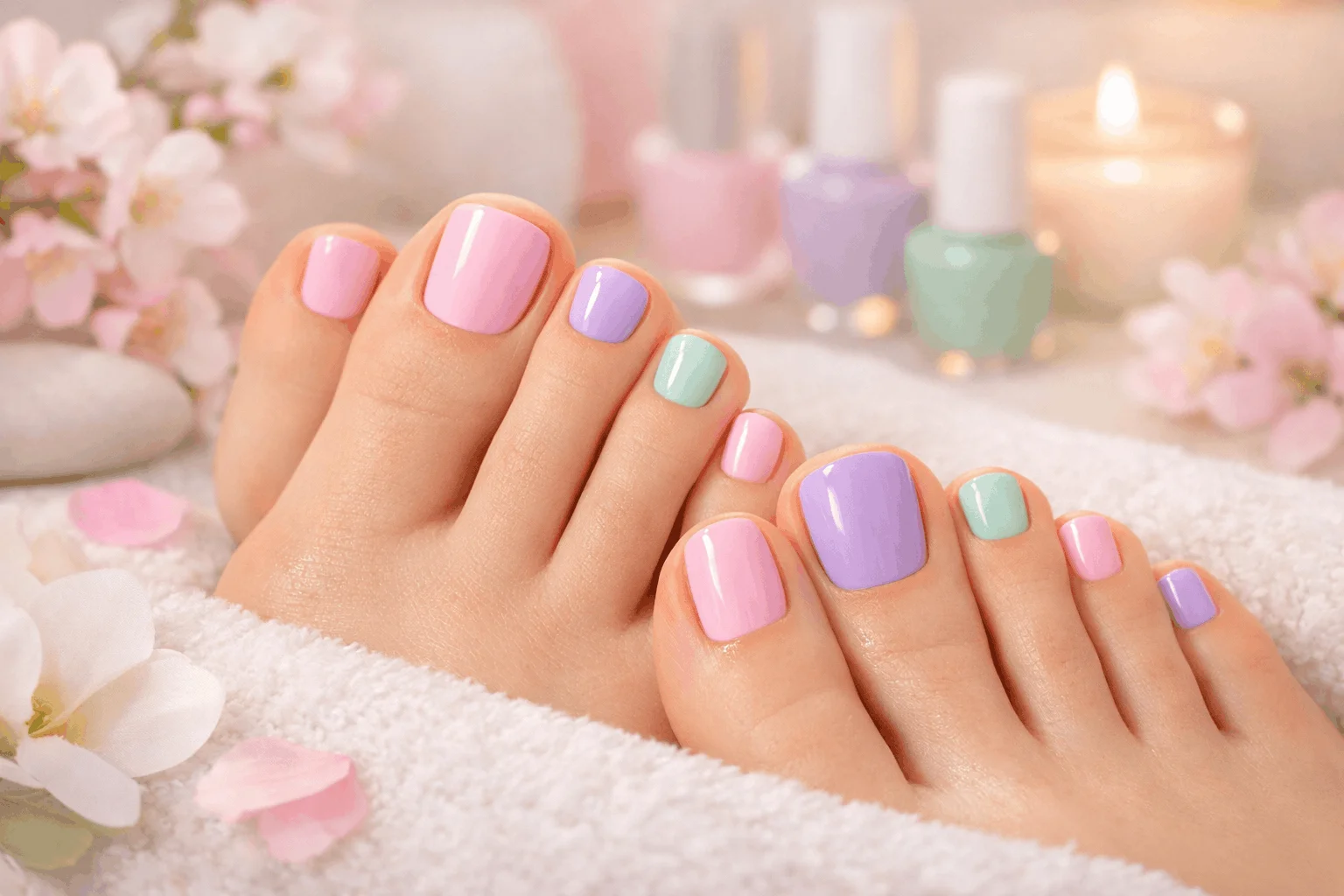 22 Stunning OPI Pedicure Colors You’ll Love This Year 4 Feet with pastel and pink OPI pedicure colors, soft springtime aesthetic.