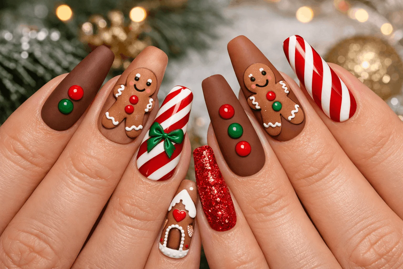 22 Cozy Gingerbread Nails Designs You’ll Love This Winter 5 Festive gingerbread nails on long almond and coffin nails