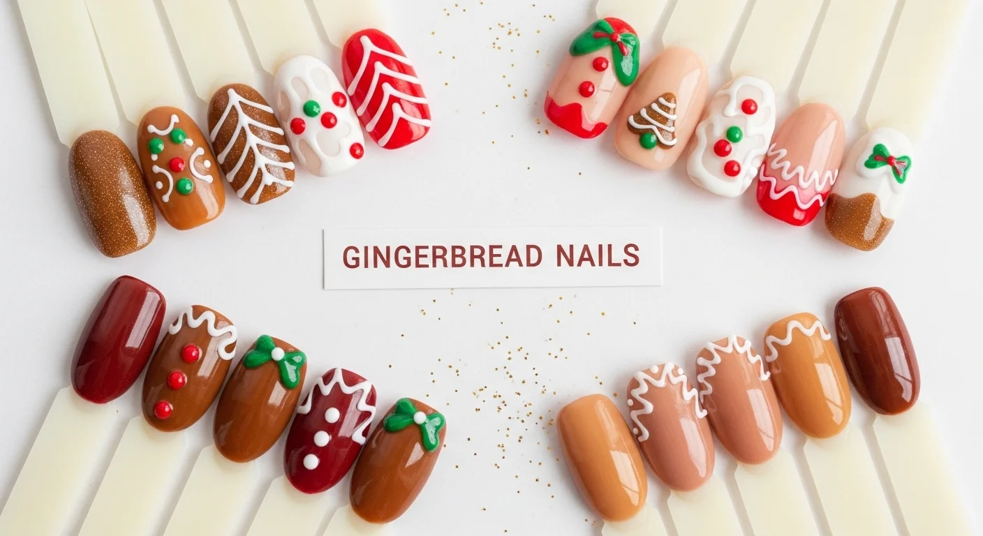 22 Cozy Gingerbread Nails Designs You’ll Love This Winter 3 Gingerbread nails color palette with brown, white, and festive accents