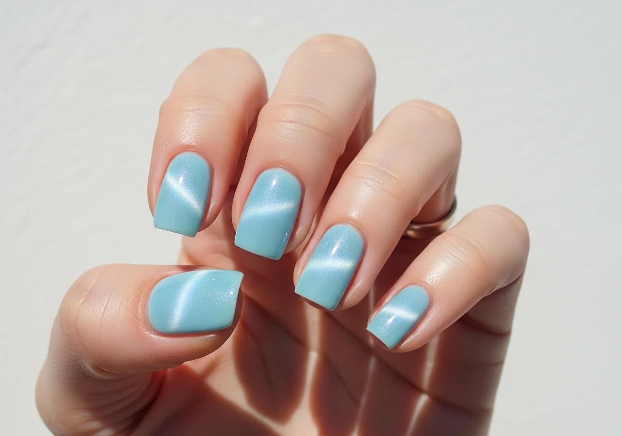 25 Blue Cat Eye Nails That Hit Different This Year 7 Light blue cat eye nails with soft shimmering effect