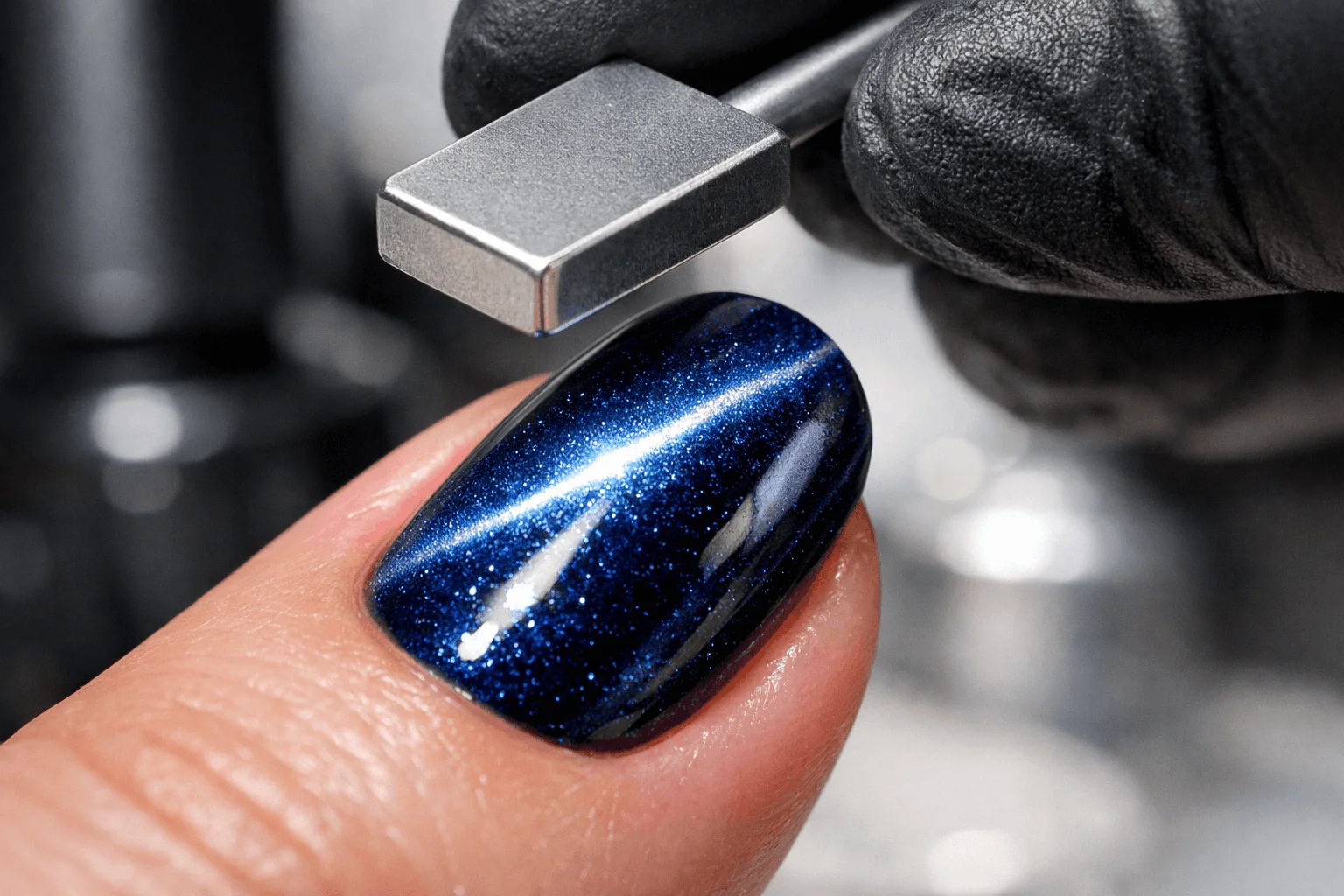 25 Blue Cat Eye Nails That Hit Different This Year 2 Magnetic gel polish creating the cat eye effect on blue nails