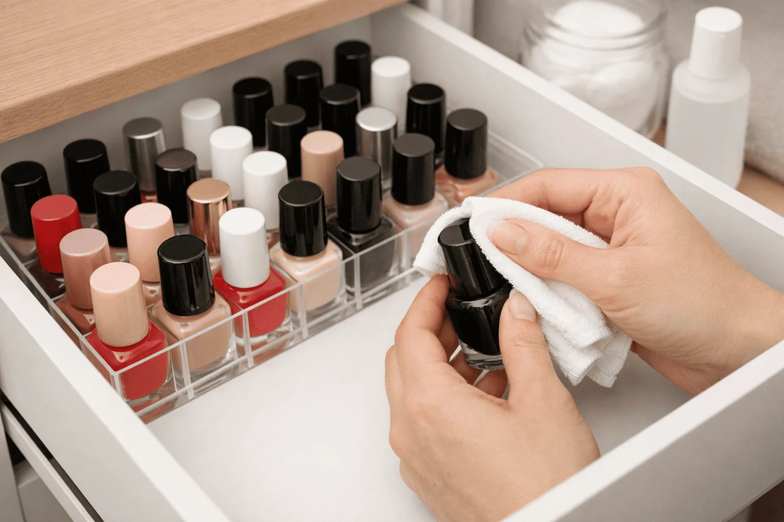 25 Stylish Ways on How to Organize Nail Polish at Home 9 Maintaining nail polish organization by cleaning bottles and storing them upright