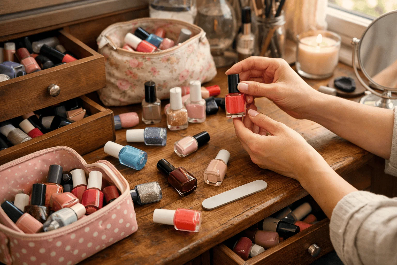 25 Stylish Ways on How to Organize Nail Polish at Home 1 Messy nail polish collection scattered across a home vanity before organization