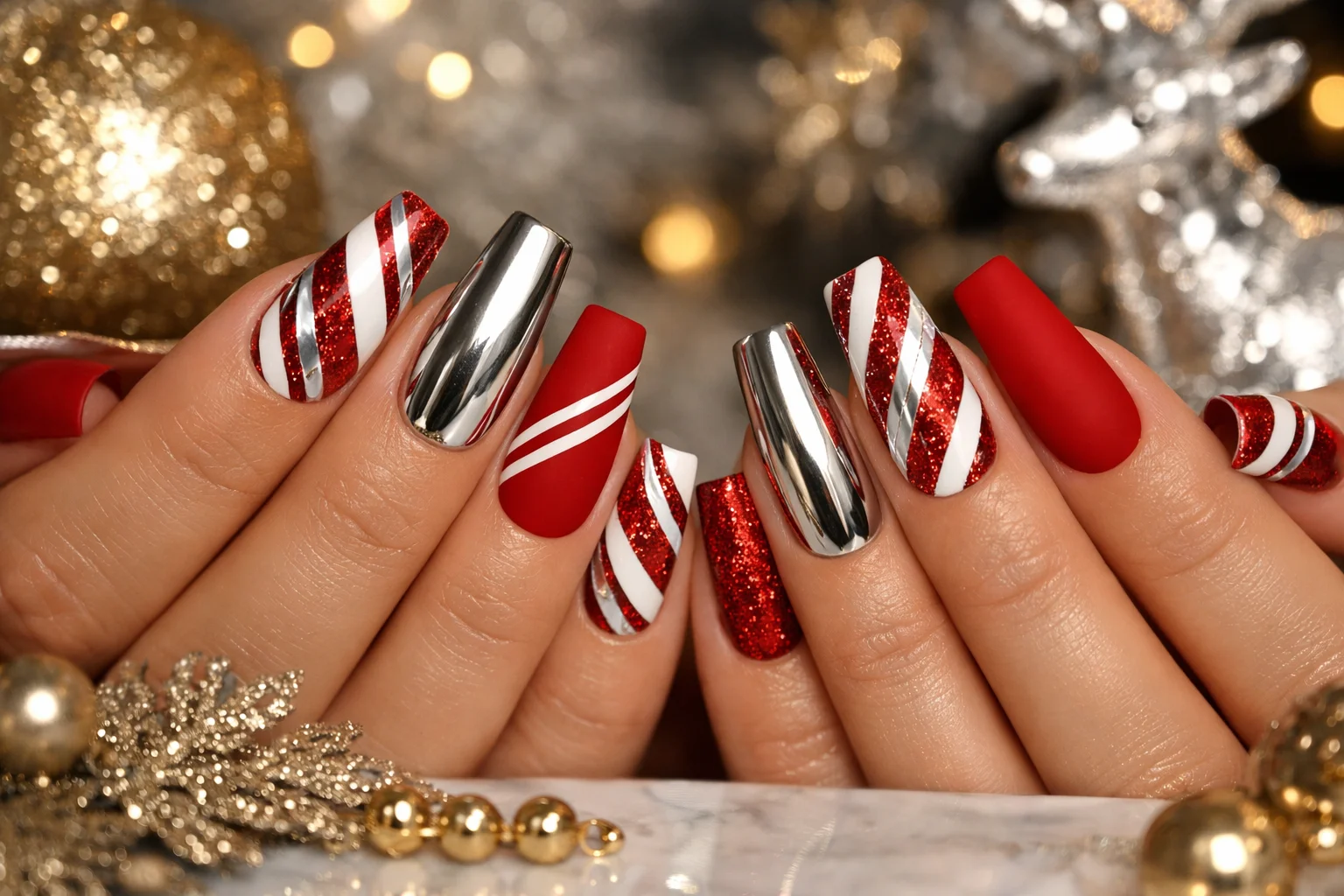 22 Candy Cane Nails That Scream Holiday Perfection 4 Modern candy cane nails with glitter, matte, and chrome styles