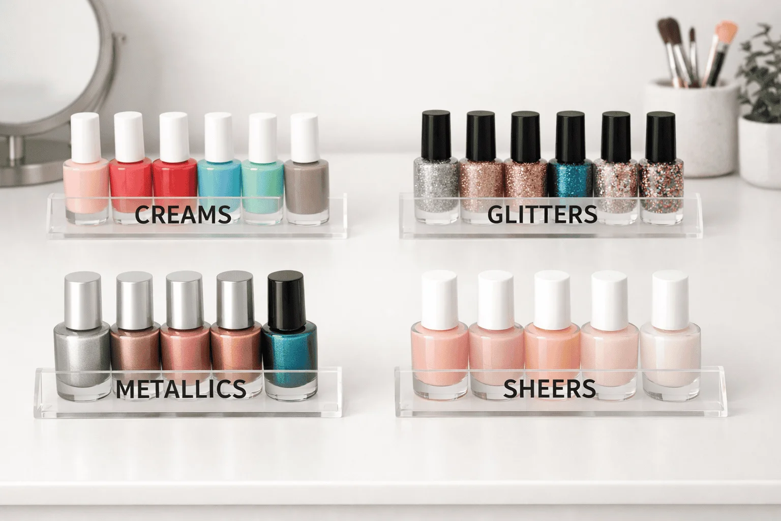 25 Stylish Ways on How to Organize Nail Polish at Home 6 Nail polish collection organized by finish including creams, glitters, and metallics