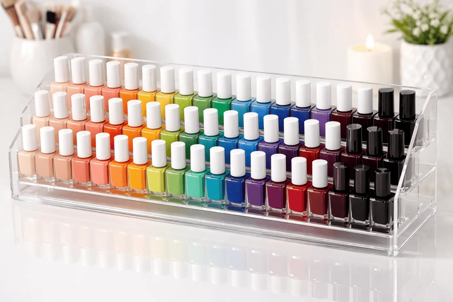 25 Stylish Ways on How to Organize Nail Polish at Home 5 Nail polish organized by color from light neutrals to dark shades