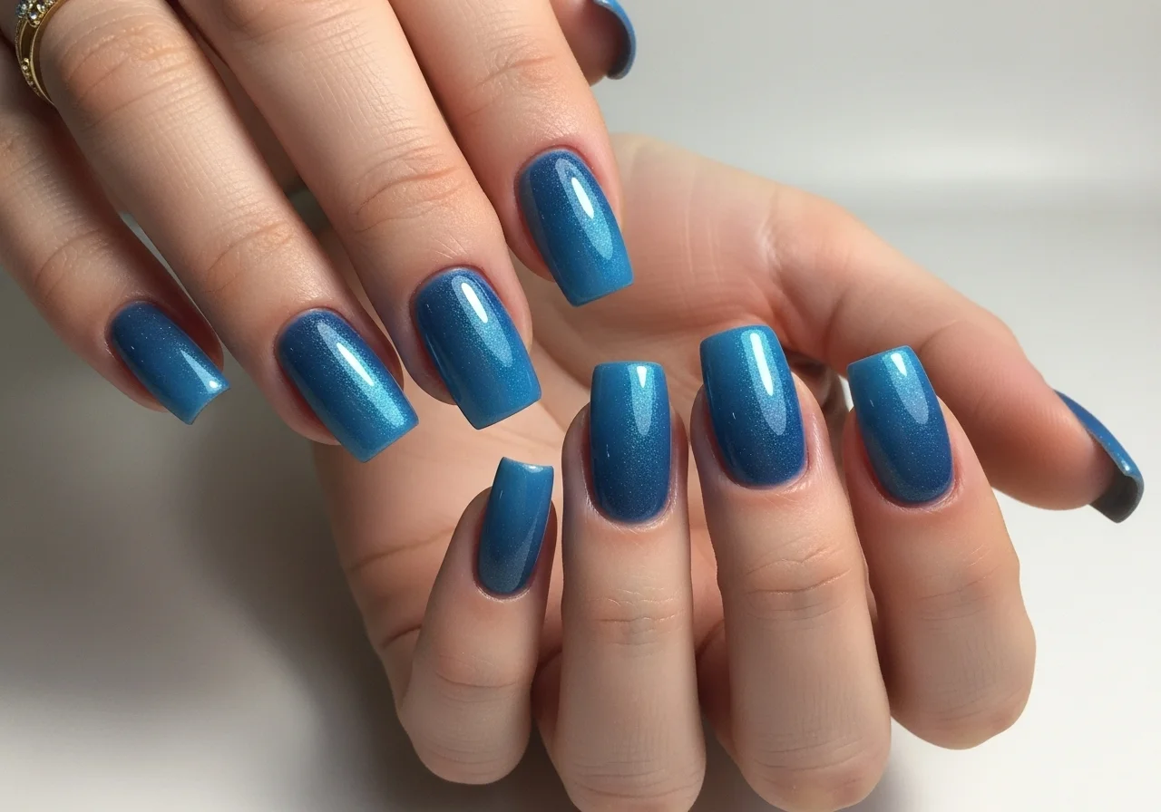 25 Blue Cat Eye Nails That Hit Different This Year 10 Short square blue cat eye nails with subtle shimmer
