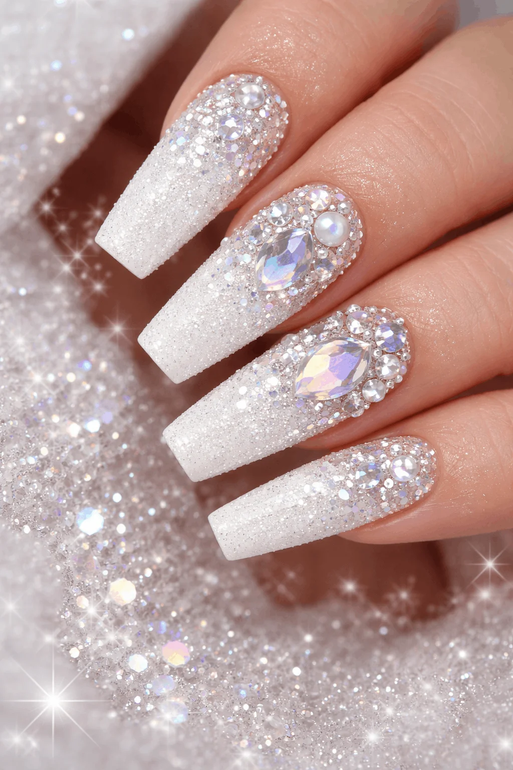 22 White Glitter Nails: Sparkle, Shine, and Style for Every Occasion 4 Textured white glitter nails with chunky glitter and 3D accents