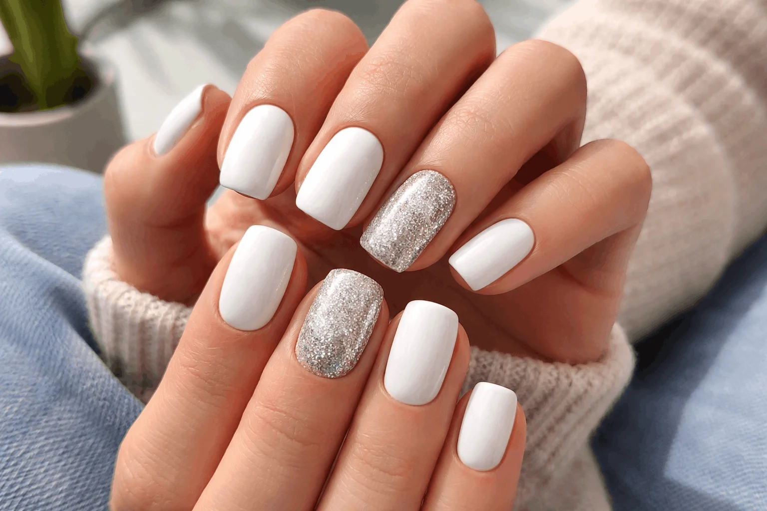 22 White Glitter Nails: Sparkle, Shine, and Style for Every Occasion 3 White nails with glitter accent on select nails for a stylish look