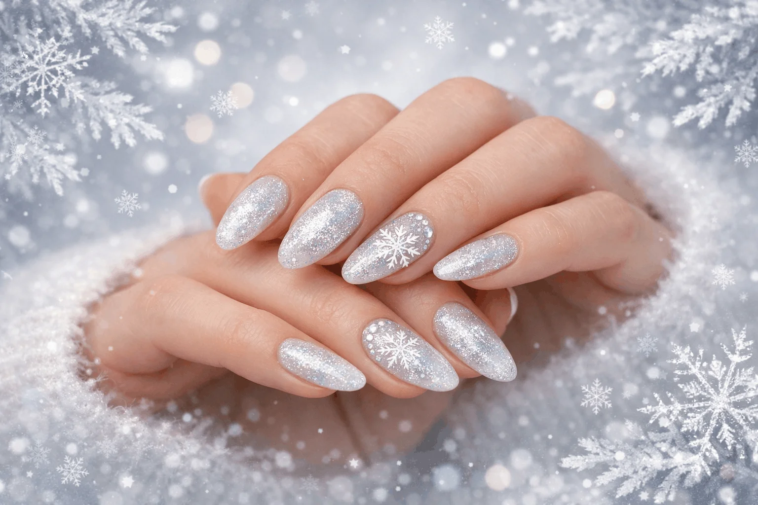 22 White Glitter Nails: Sparkle, Shine, and Style for Every Occasion 5 Winter-inspired white glitter nails with icy, sparkling effect
