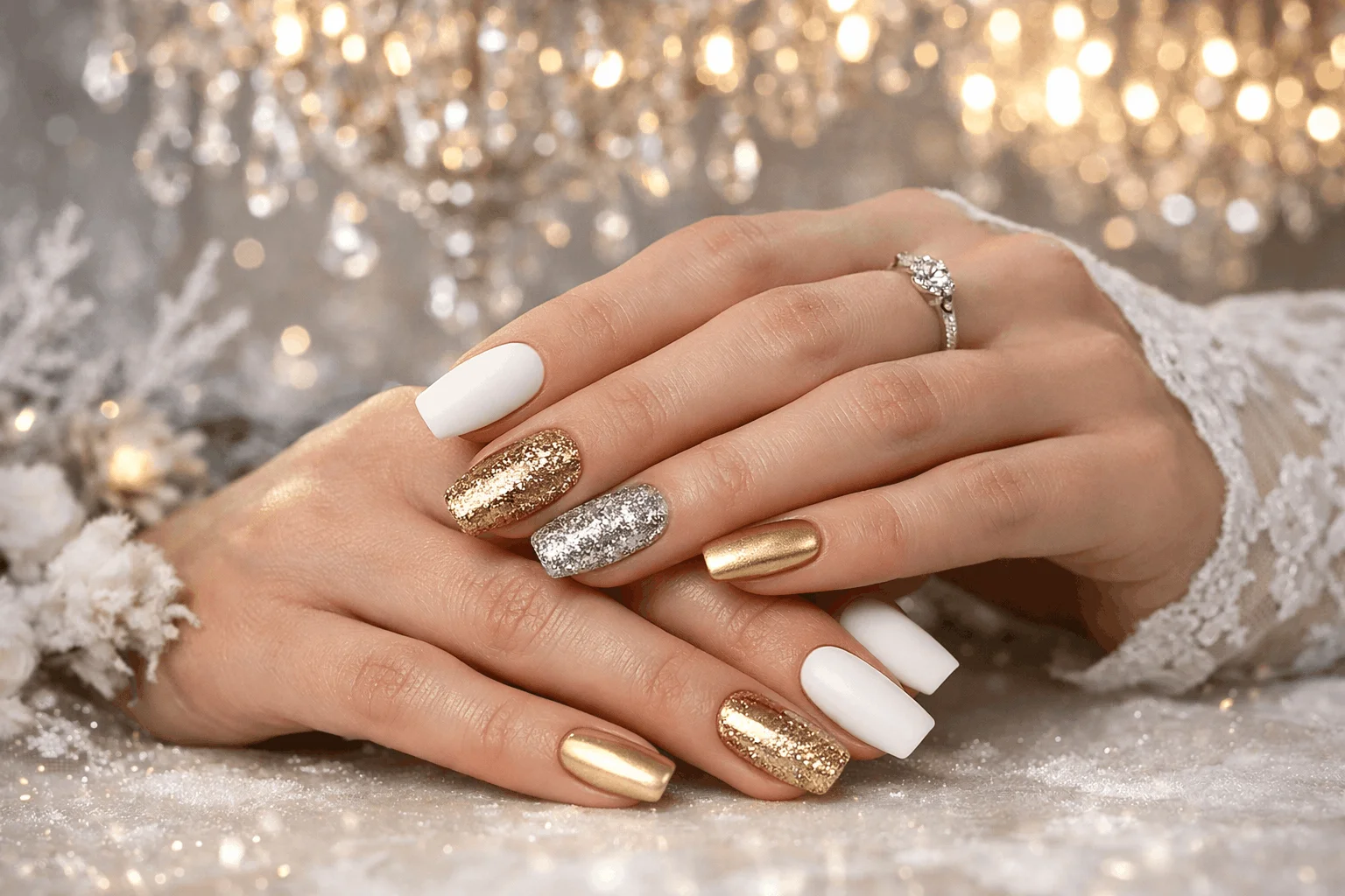 23 Stunning Winter Wedding Nails Ideas to Try Now 4 Winter wedding nails with metallic gold and silver glitter accents