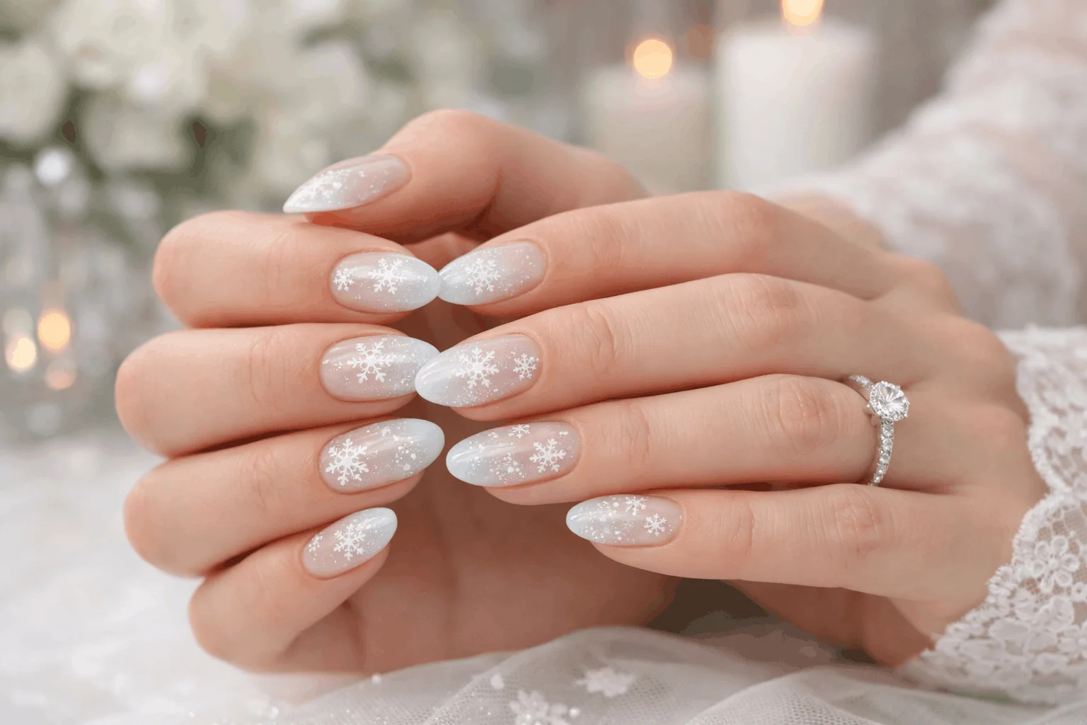 23 Stunning Winter Wedding Nails Ideas to Try Now 3 Winter wedding nails with snowflake designs and glitter ombre accents
