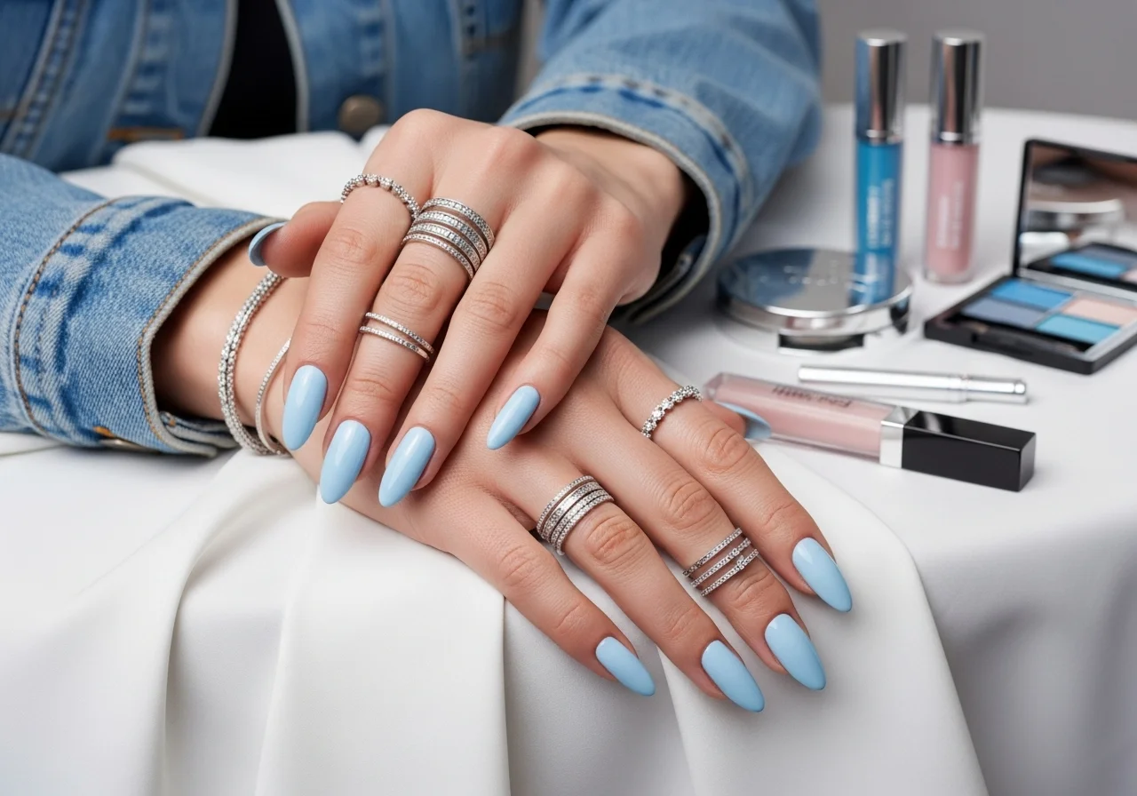 22 Icy Blue Nails Styles Everyone’s Saving Right Now 9 icy blue nails outfit makeup silver accessories